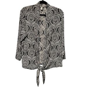 Travelers by Chicos Lightweight Slinky Medallion Black White Print Open Cardigan